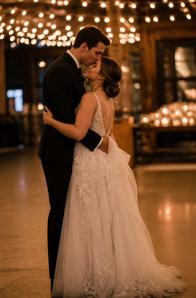 Couple sharing a forehead kiss in a warmly lit reception hall.
