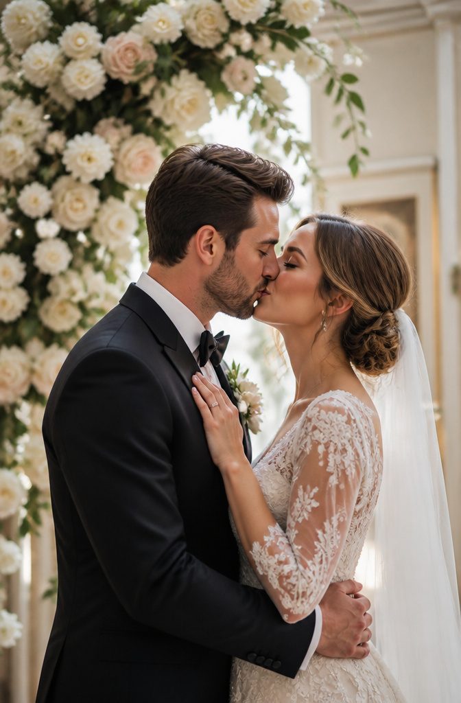 Couple sharing a kiss against a beautifully adorned venue.