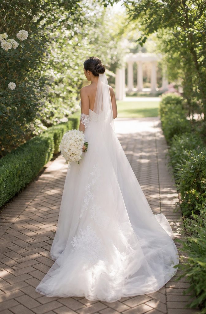 Bride looking back over her shoulder with her dress trailing.