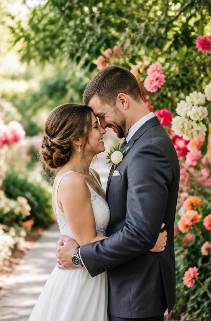Couple cuddling noses, surrounded by colorful flowers.