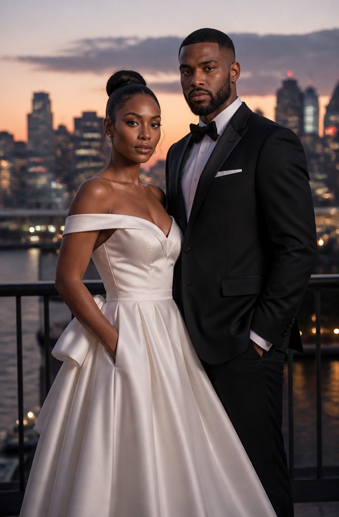 Couple posing formally with shoulders squared to the camera.