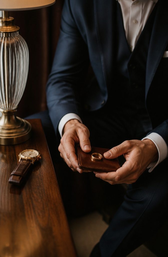 Groom's hands holding a wedding ring on a leather wallet.