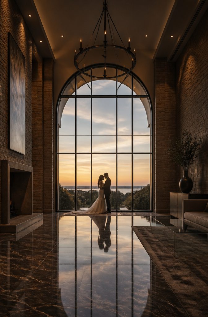 Couple standing close together in silhouette against bright light.