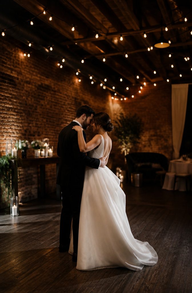 Couple engaged in a posed slow dance during the reception.