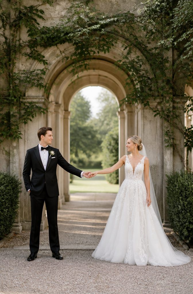 Couple standing apart with linked hands in front of an archway.