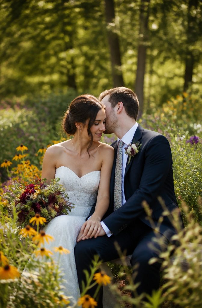 Couple leaning close, sharing a whisper in a flower-filled garden.