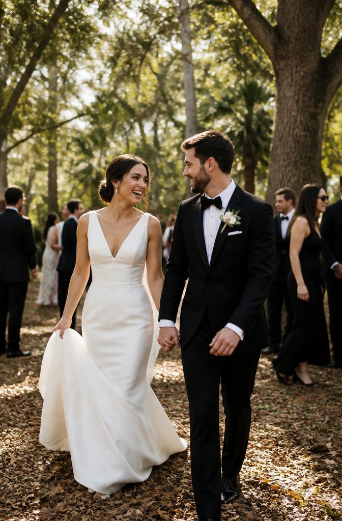 Couple walking together in a park with sunlight filtering through trees.