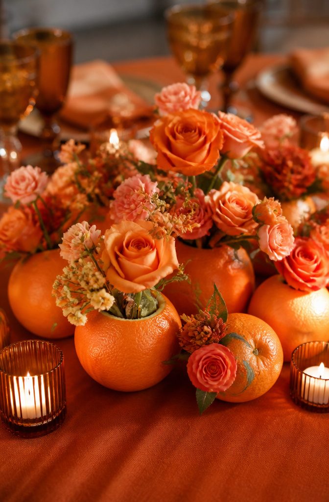20 Wedding Decor Centerpiece Ideas for Every Reception Table 16 Whole oranges and floral arrangements displayed on an orange table setting.