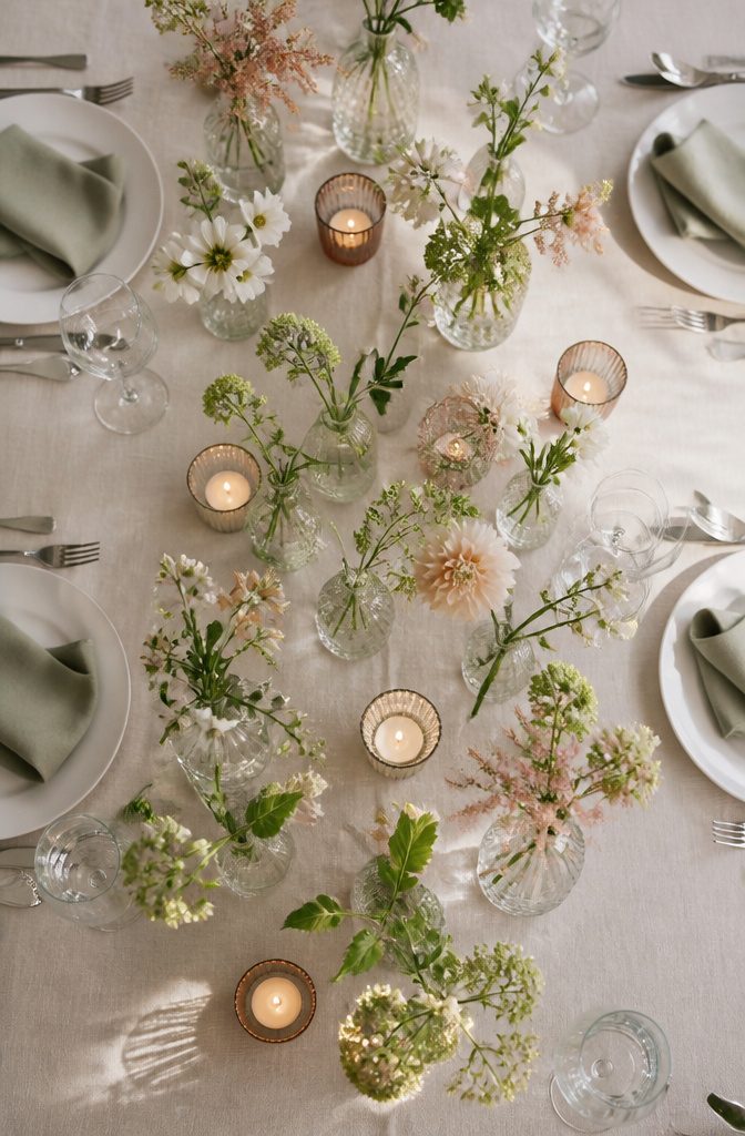 20 Wedding Decor Centerpiece Ideas for Every Reception Table 7 Several bud vases with flowers arranged across a table.