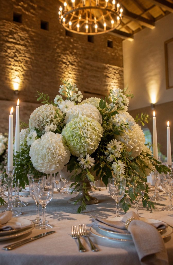 20 Wedding Decor Centerpiece Ideas for Every Reception Table 15 An overflowing floral arrangement placed at the center of a round table.