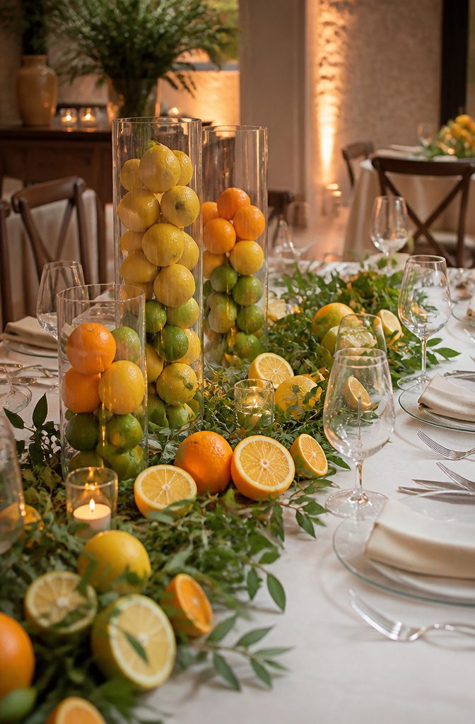 20 Wedding Decor Centerpiece Ideas for Every Reception Table 17 An arrangement of lemons, limes, and oranges in glass vases.