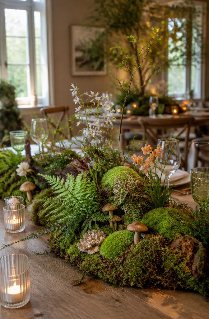 20 Wedding Decor Centerpiece Ideas for Every Reception Table 13 Vibrant moss layered with woodland flowers on a natural wood table.