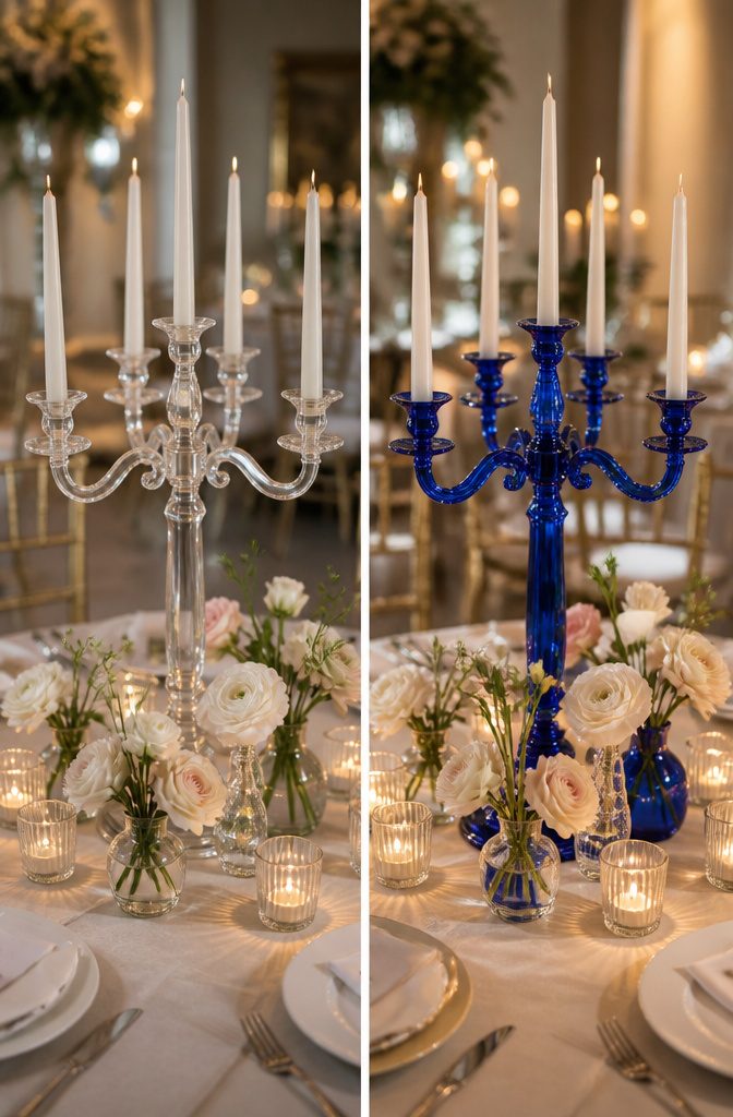 20 Wedding Decor Centerpiece Ideas for Every Reception Table 3 Pale flowers arranged with colorful candelabras on a reception table.