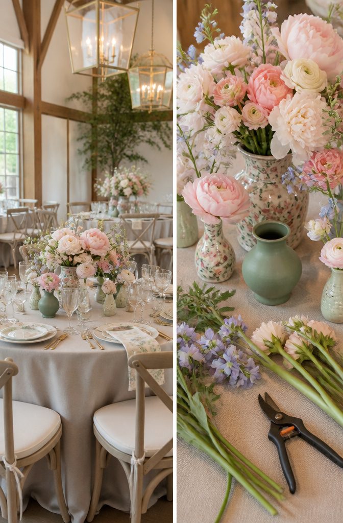 20 Wedding Decor Centerpiece Ideas for Every Reception Table 5 Patterned vessels in soft pastels combined with muted ceramic elements.