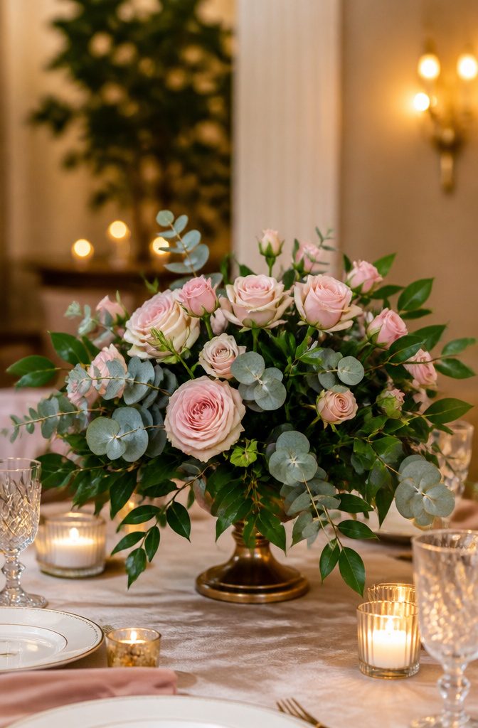 20 Wedding Decor Centerpiece Ideas for Every Reception Table 10 An arrangement of pink roses and green leaves in a decorative bowl.