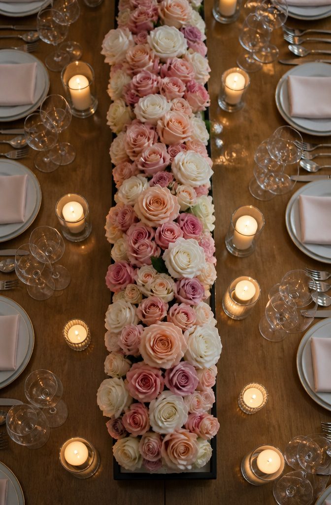 20 Wedding Decor Centerpiece Ideas for Every Reception Table 18 Uniformly arranged roses in a linear formation on a table.