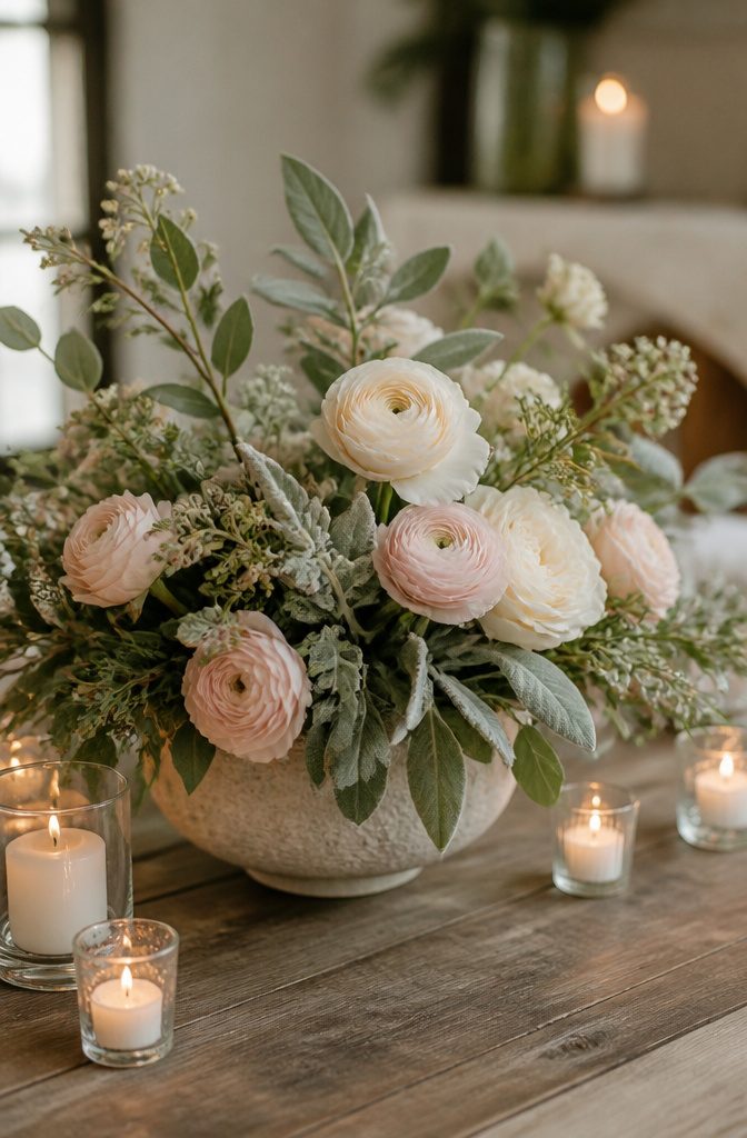 20 Wedding Decor Centerpiece Ideas for Every Reception Table 19 An arrangement of sage leaves and pastel flowers in a textured bowl.