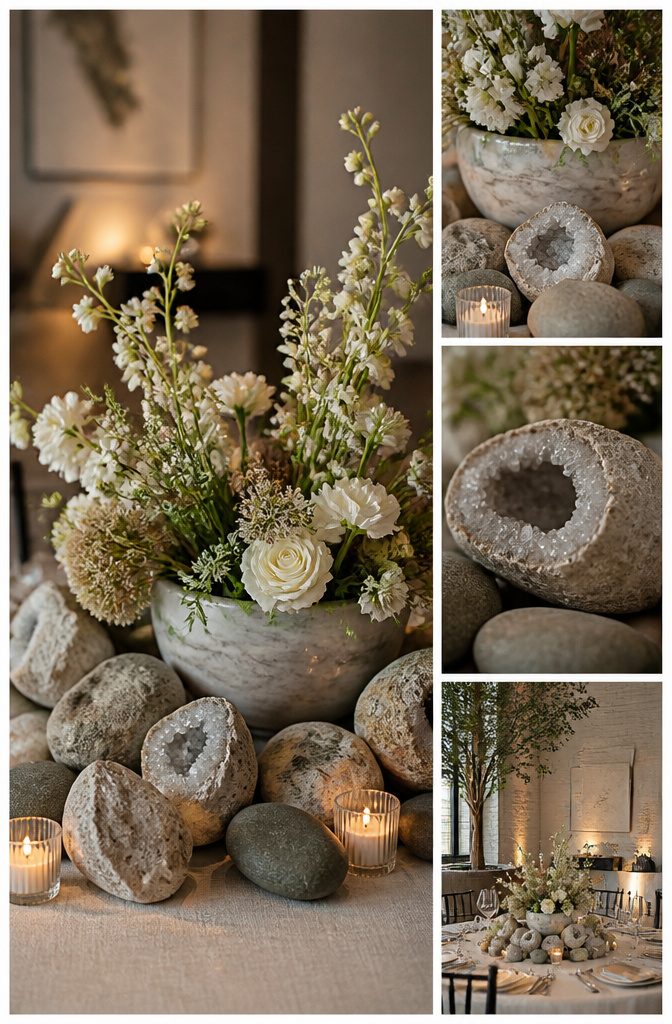 20 Wedding Decor Centerpiece Ideas for Every Reception Table 14 Geodes and river rocks used as bases for floral centerpieces.