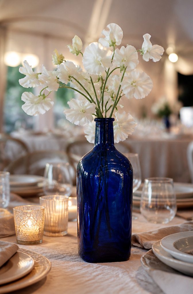 20 Wedding Decor Centerpiece Ideas for Every Reception Table 8 A centerpiece featuring blue flowers arranged in a decorative style.