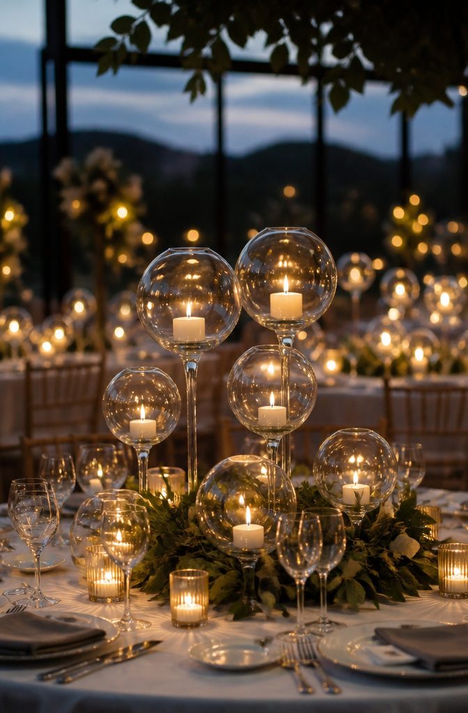 20 Wedding Decor Centerpiece Ideas for Every Reception Table 4 Glass globes filled with candles arranged at varying heights on a table.