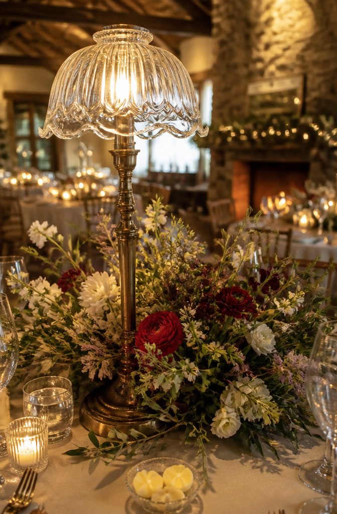 20 Wedding Decor Centerpiece Ideas for Every Reception Table 1 A vintage lamp with wild floral arrangements on a reception table.