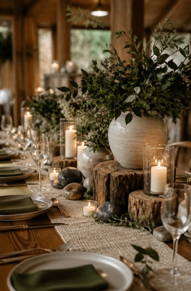 20 Wedding Decor Centerpiece Ideas for Every Reception Table 9 Rough bark cylinders and polished stones arranged on a textured table runner.