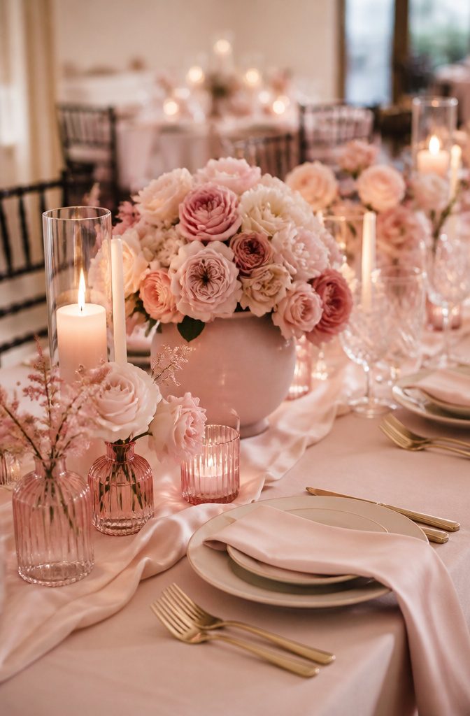 20 Wedding Decor Centerpiece Ideas for Every Reception Table 12 Blush-hued decor elements arranged in a harmonious tablescape.