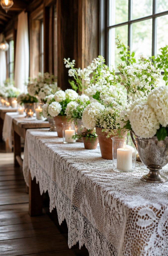 20 Wedding Decor Centerpiece Ideas for Every Reception Table 2 Long lace tablecloths with white flowers in terracotta pots and silver vessels.