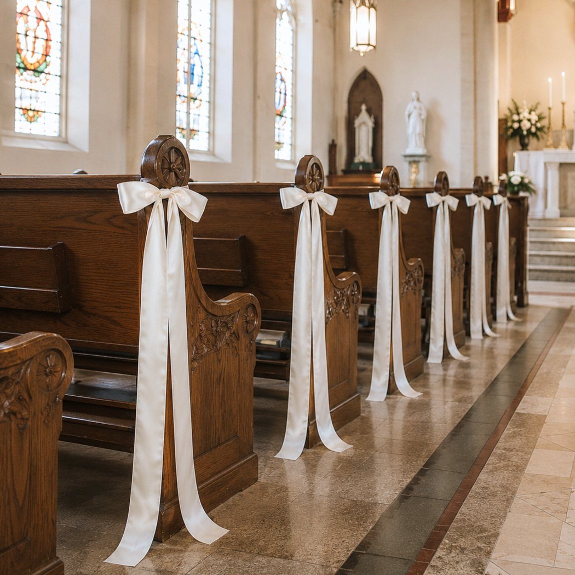 White satin ribbons tied in bows on the ends of wooden church pews.