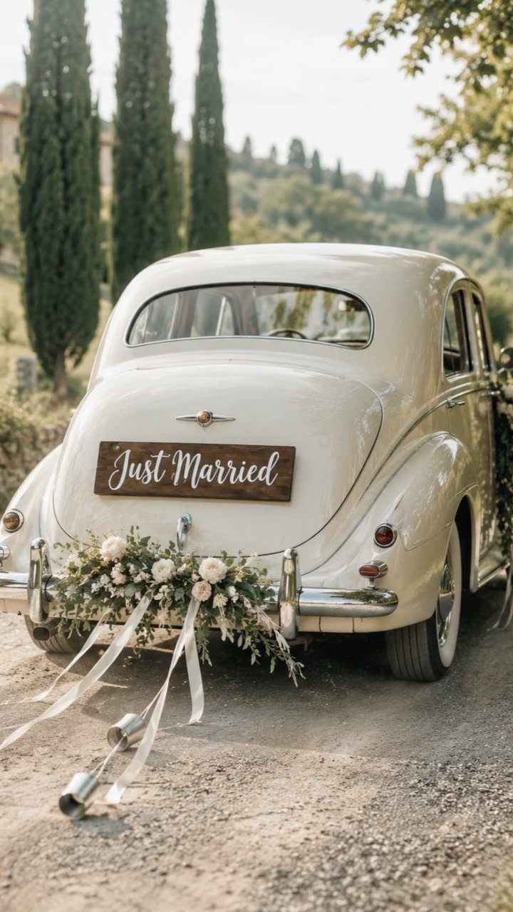 20 Wedding Decor DIY Ideas for Ceremony and Reception 16 A white vintage car featuring a wooden Just Married sign and white floral decorations.