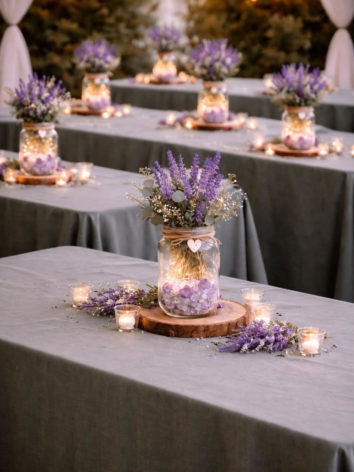 20 Wedding Decor DIY Ideas for Ceremony and Reception 2 Mason jars filled with purple wildflowers and lavender arranged as centerpieces on a grey tablecloth.