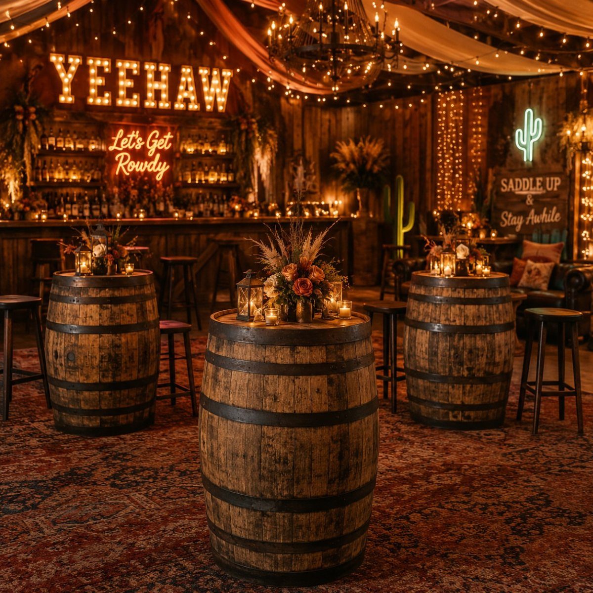 20 Wedding Decor DIY Ideas for Ceremony and Reception 6 Three wooden wine barrels repurposed as tables with flowers and candles in a rustic bar.