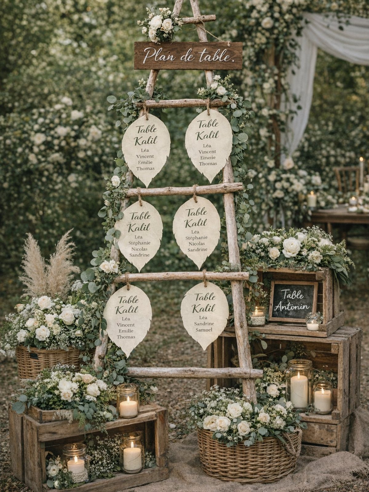 20 Wedding Decor DIY Ideas for Ceremony and Reception 11 A wooden ladder decorated with flowers and hanging leaf-shaped seating chart cards in a garden.