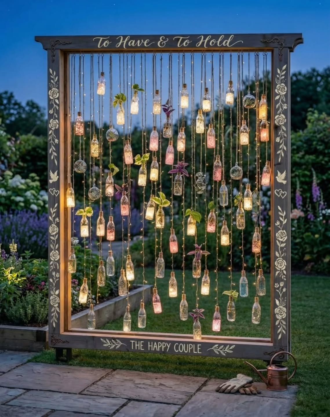 22 Wedding Decor Garden Theme Ideas for Every Reception Style 14 Hanging glass bottles with lights and plants inside a large wooden frame in a garden.