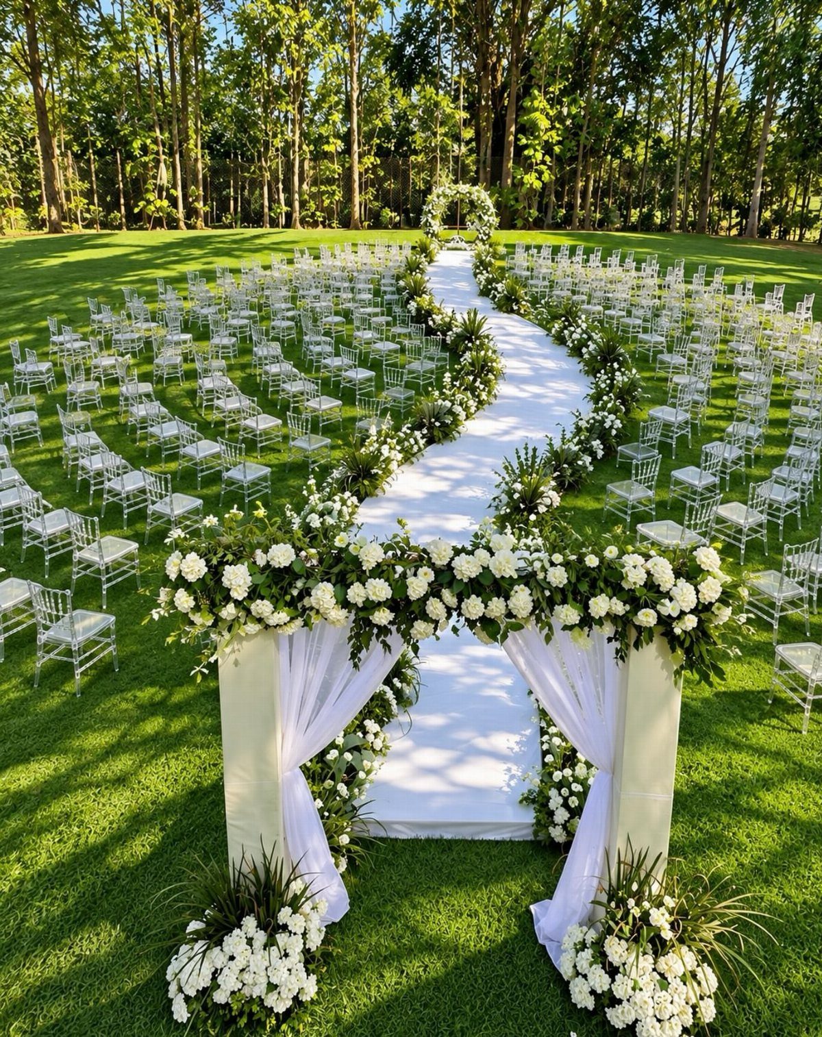 22 Wedding Decor Garden Theme Ideas for Every Reception Style 2 White floral wedding arch and aisle runner set up on a green garden lawn with clear chairs.