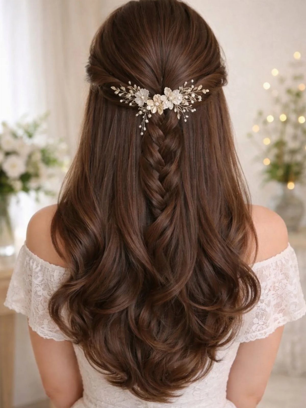 22 Wedding Decor Garden Theme Ideas for Every Reception Style 16 Long wavy brown hair styled in a half-up braid with a delicate white floral hairpiece.