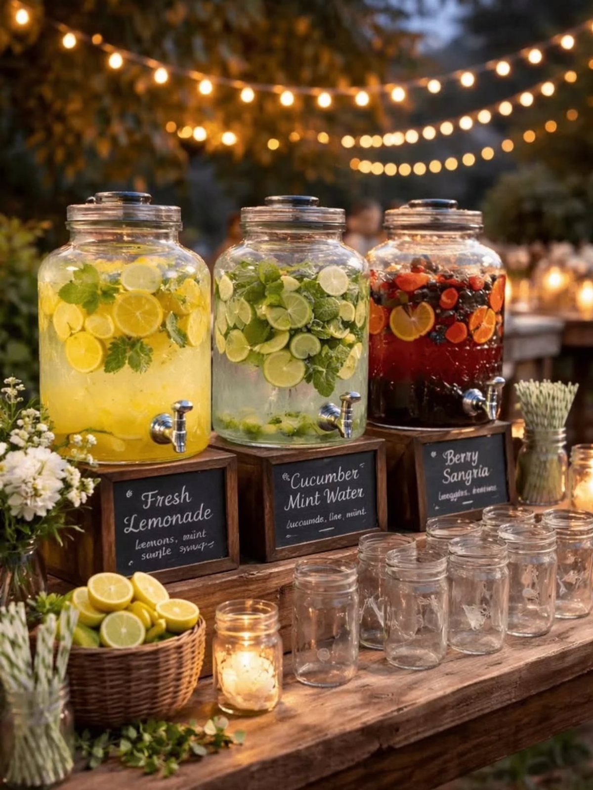 22 Wedding Decor Garden Theme Ideas for Every Reception Style 1 Three glass beverage dispensers filled with lemonade, cucumber water, and berry sangria on a wooden table.