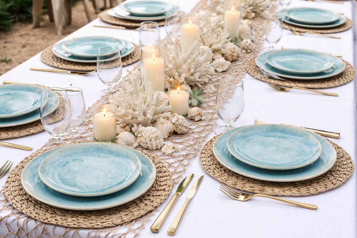 A wedding table setting featuring blue plates, gold cutlery, and a centerpiece of coral and seashells.