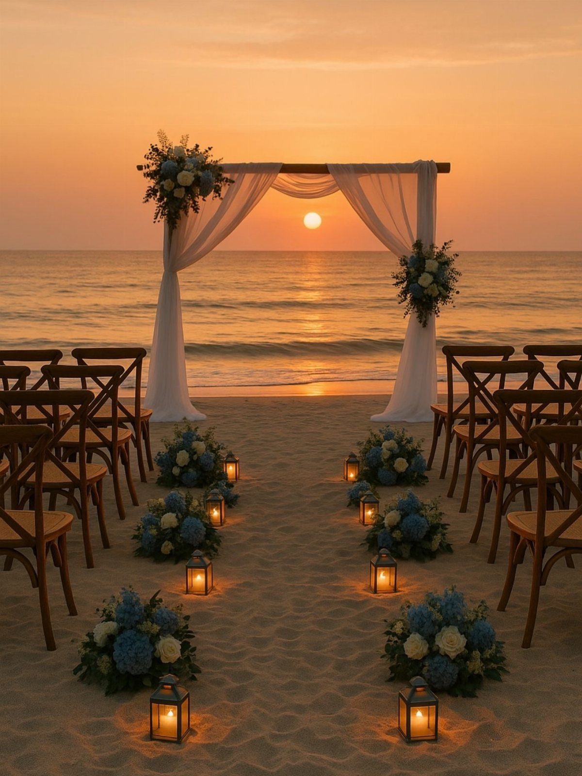 Wedding Decor and Themes: 12 Ideas From Beach to Garden 4 A beach wedding ceremony setup with a floral arch, wooden chairs, and lanterns on the sand at sunset.