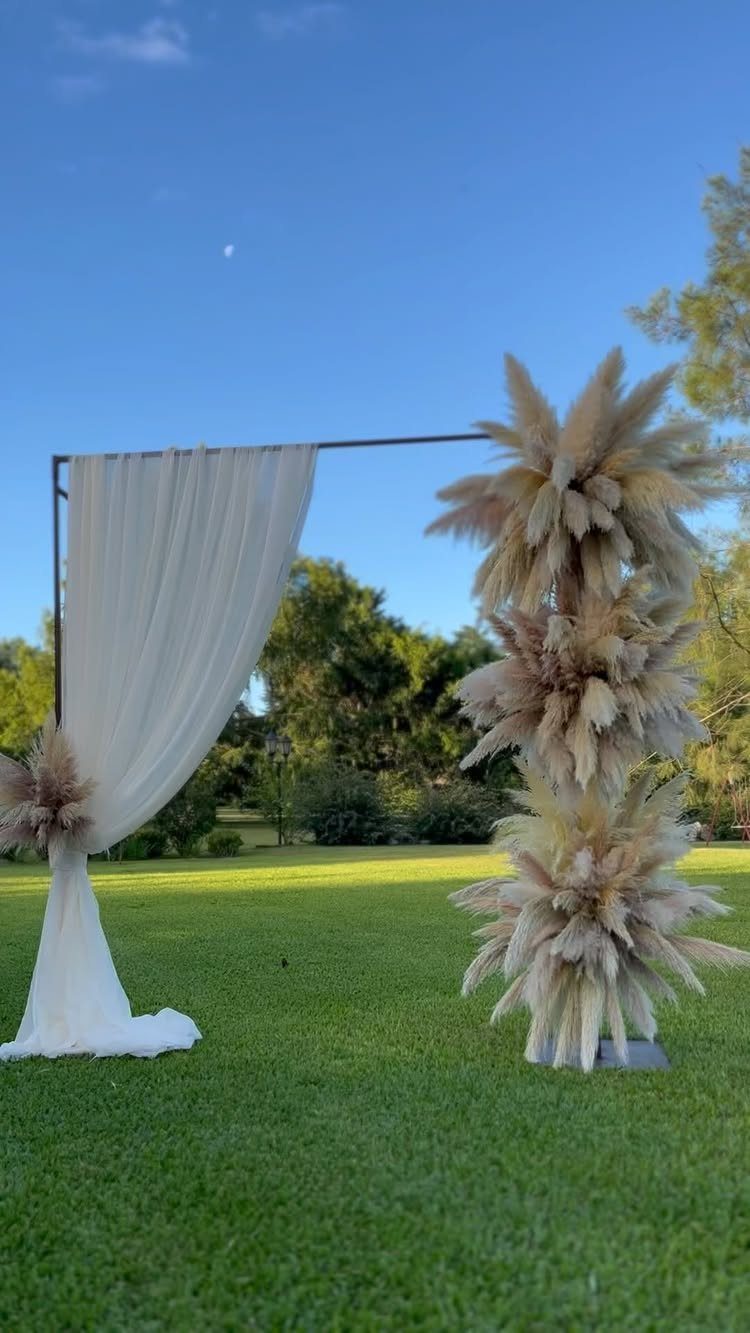 Wedding Decor and Themes: 12 Ideas From Beach to Garden 1 A wedding arch decorated with white fabric and large pampas grass arrangements on a green lawn.