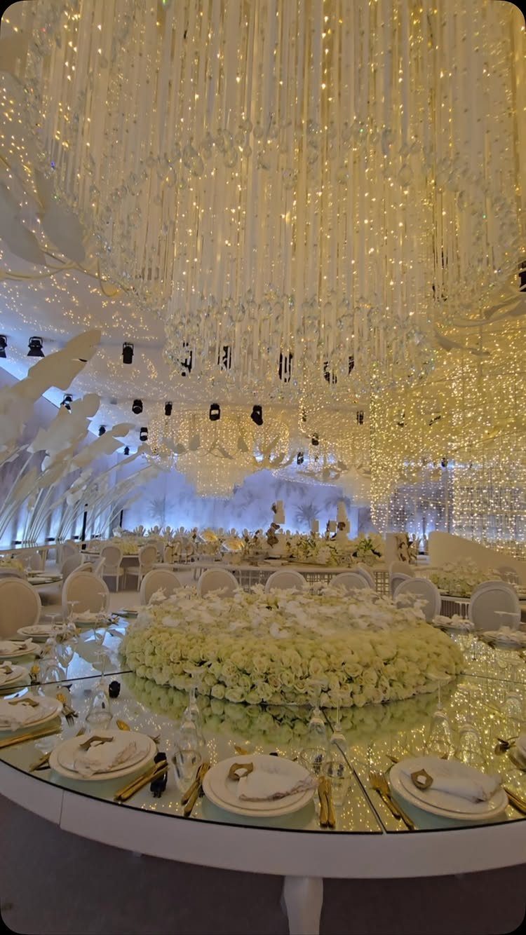 Wedding Decor and Themes: 12 Ideas From Beach to Garden 3 Large crystal chandeliers hang over elegant wedding tables with white floral centerpieces and mirrored tops.