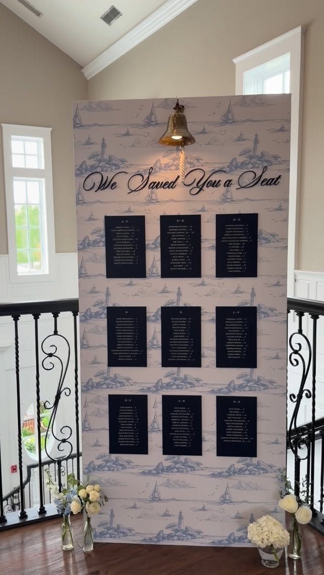 Wedding Decor and Themes: 12 Ideas From Beach to Garden 8 A nautical themed wedding seating chart banner with ship patterns and name cards.