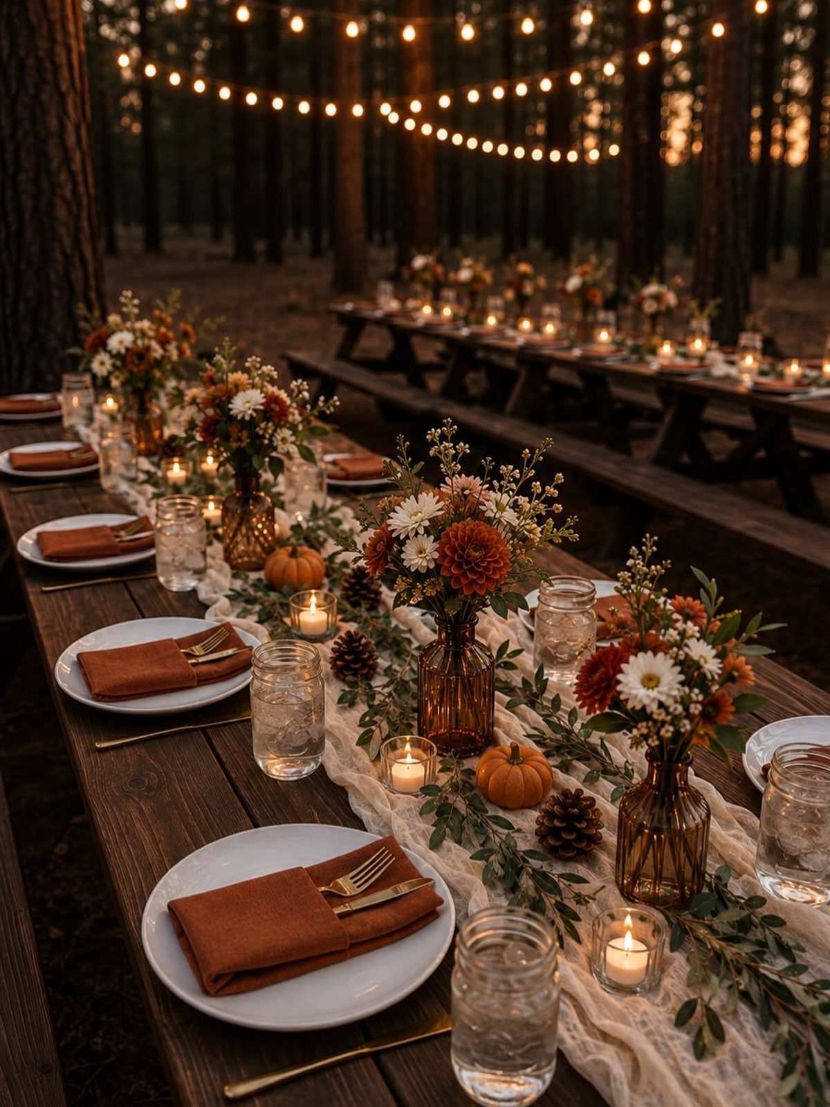 Wedding Decor and Themes: 12 Ideas From Beach to Garden 2 A rustic outdoor wedding table setting with flowers, candles, and pumpkins in a forest setting.