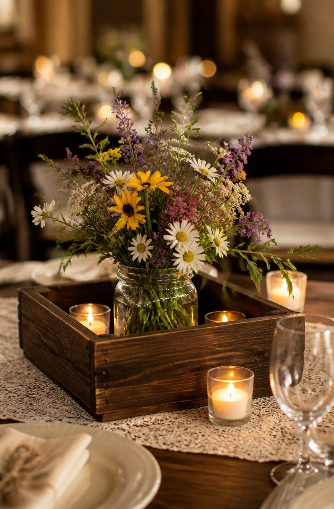 A Rustoleum Dark Walnut stained crate used as a table centerpiece.