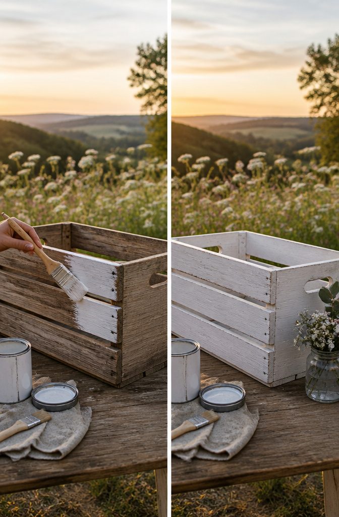 Wooden crates prepared with stain and paint for wedding decoration.