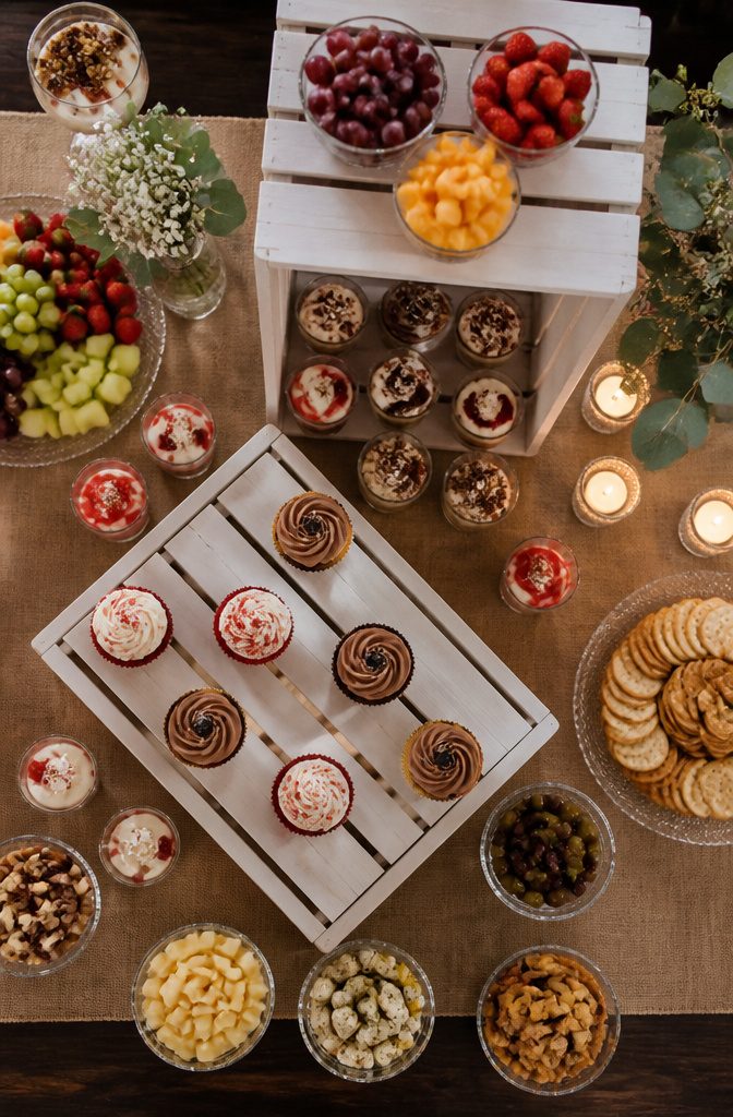 Wooden crates used as risers for food on a buffet table.