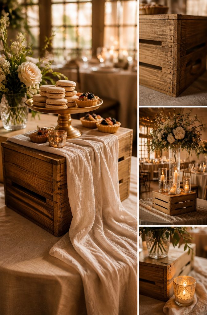 Wooden crate styled differently for various wedding setups.