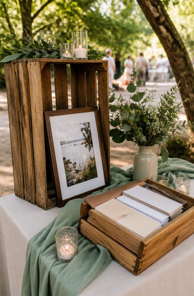 Wooden crate holding a photo display and guest book at a wedding.