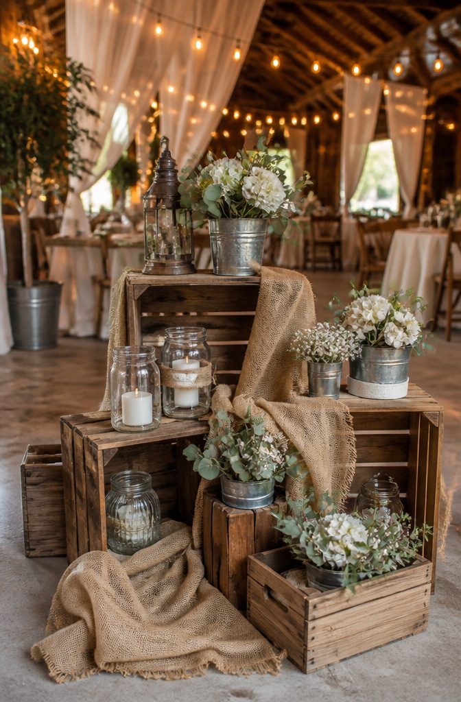 Wooden crates arranged with burlap and flowers for a rustic wedding.
