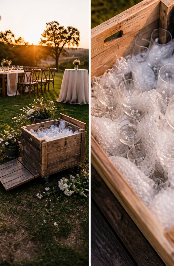 Standard wooden crate used for storing and transporting wedding items.